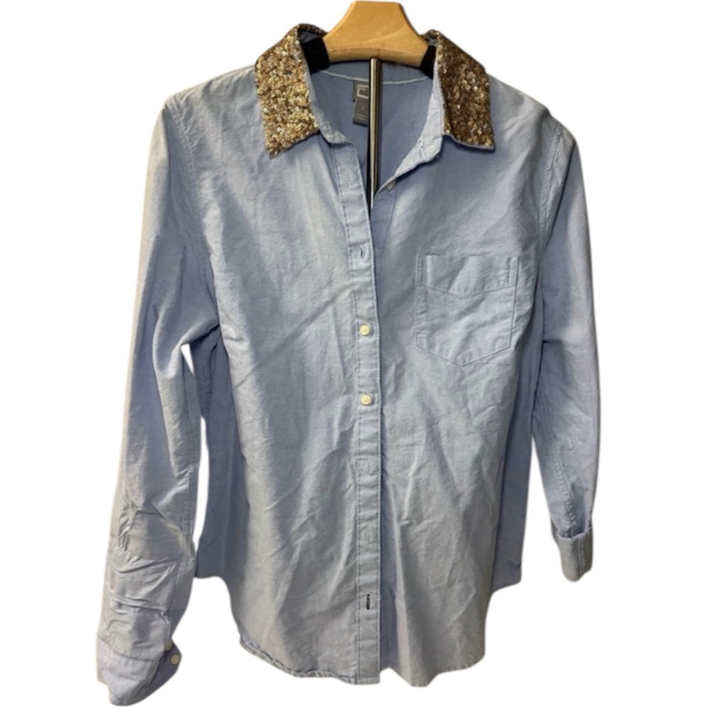 Chambray Button Down Shirt Women’s Large Gold Sequin Collar Denim Top